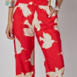 Modaposa Natasha Pants W/ White Bird Print Elastic Waist Pockets Women wide leg